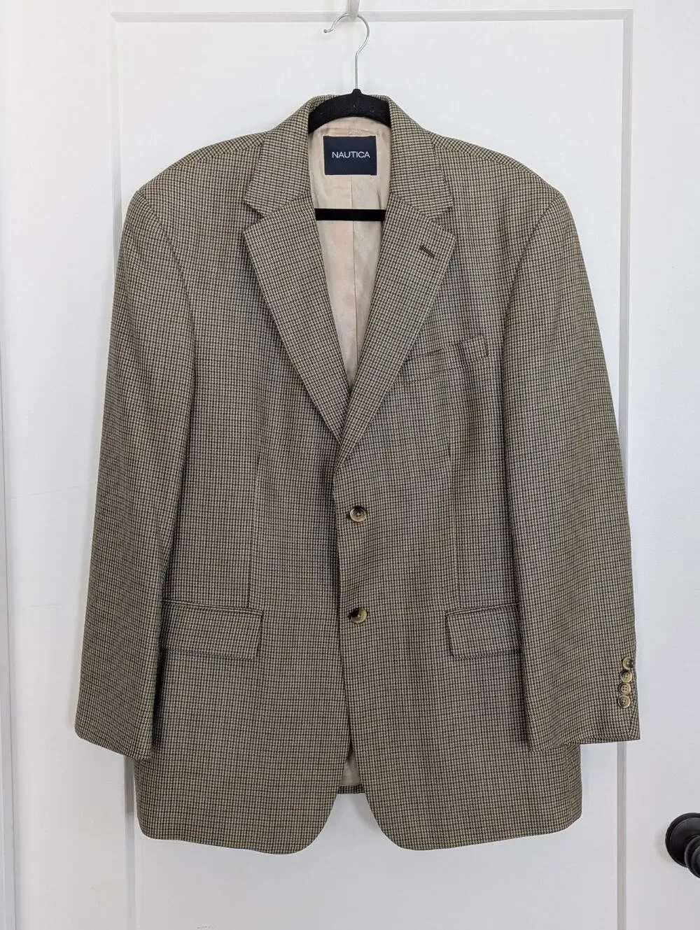 Nautica Mens 42R Brown Houndstooth Blazer Sport Coat Jacket Career Silk Wool